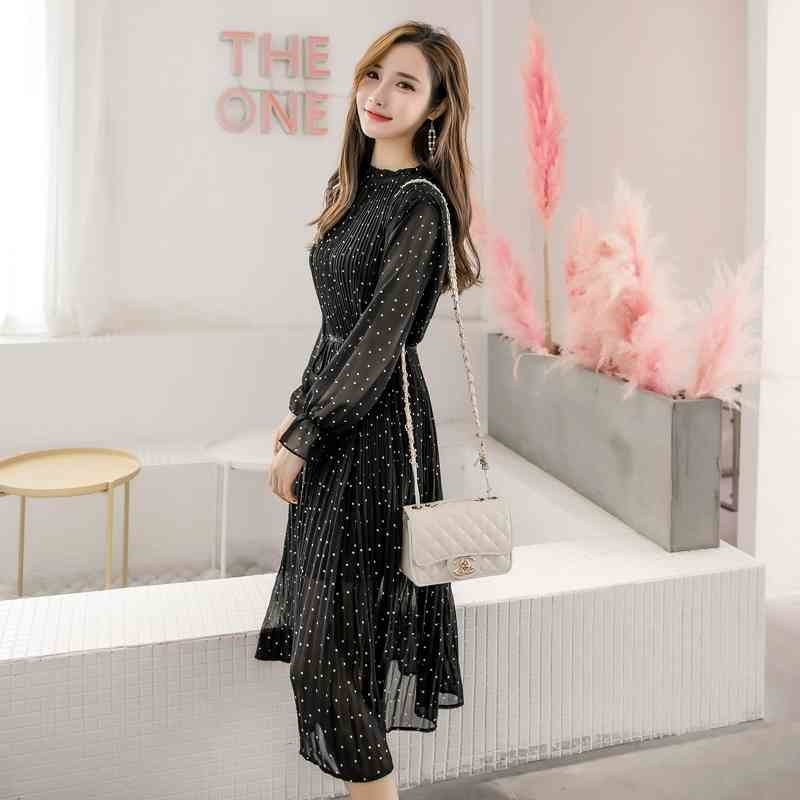 Dresses Autumn Woman Fashion Elegant Dot Black Chiffon Dress Women Casual Flare Long Sleeve Women Dress Ladies Dresses C179 210602