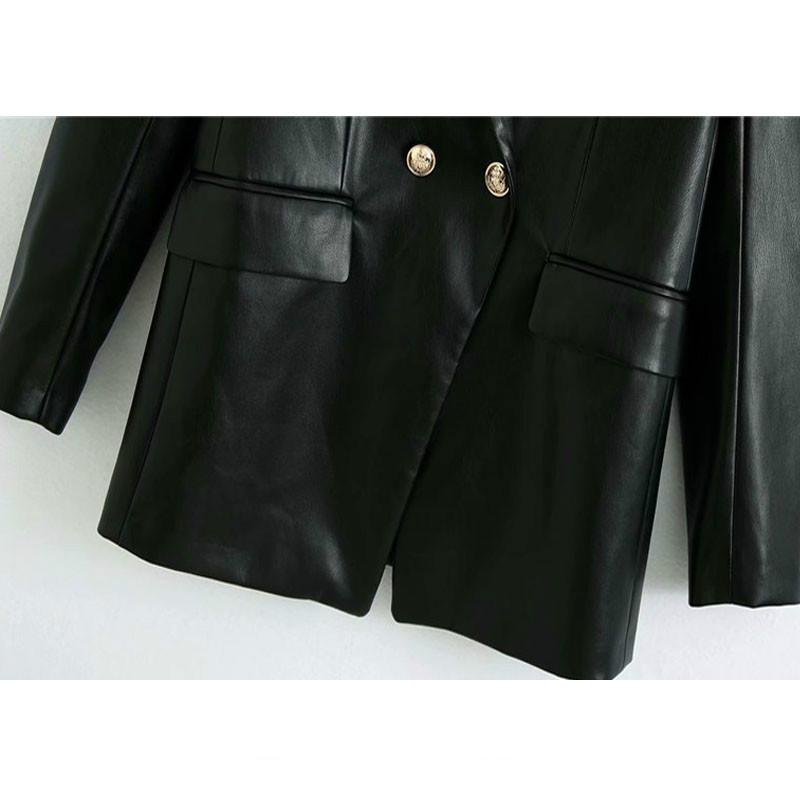 Women 2021 Fashion Double Breasted Faux Leather Blazers Coat Vintage Long Sleeve Back Vents Female Outerwear Chic Tops