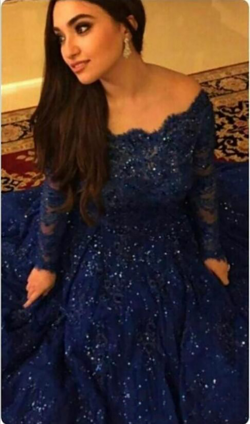 2021 New Arabic Abaya Long Sleeve Lace Muslim Evening Dress Capped Floor Length Prom Dress Navy Blue Custom Formal Evening Gowns Plus Size