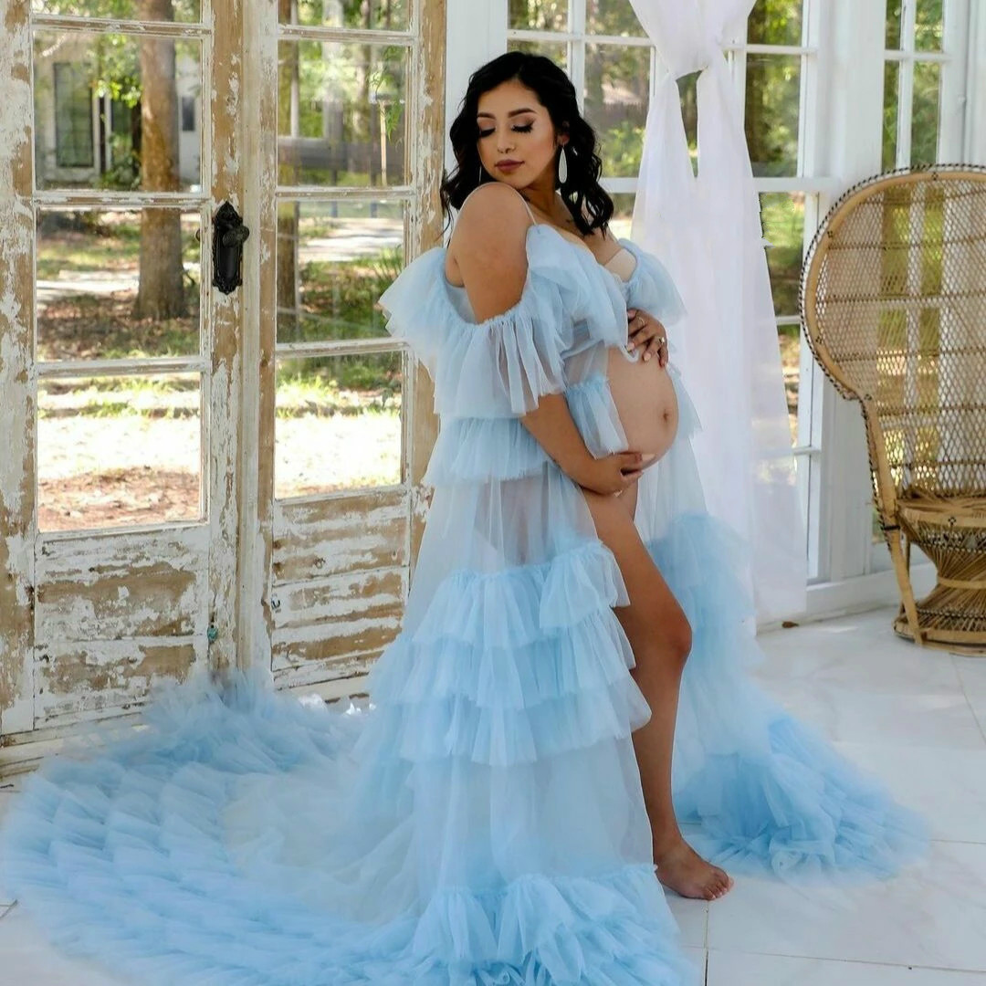 Light Blue Ruffles Maternity Sleepwear Dress for Photoshoot Chic Kimono Pregnant Party Women Bathrobe Sheer Nightgown Robe