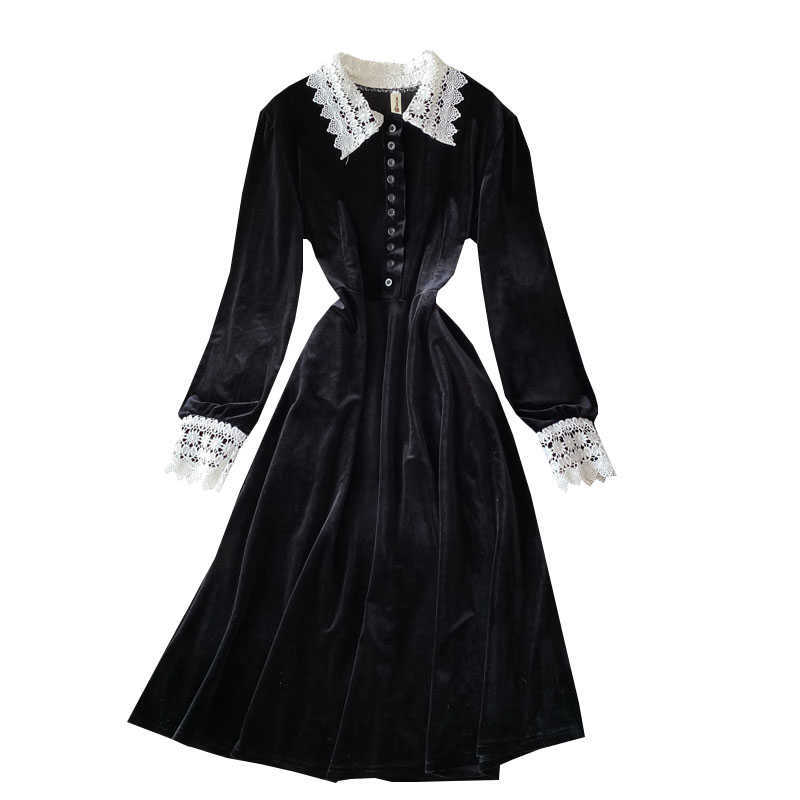 LY VAREY LIN Spring Autumn Women Black Single Breasted Long Sleeve Dress Vintage Collar Lace Patchwork Velvet 210526