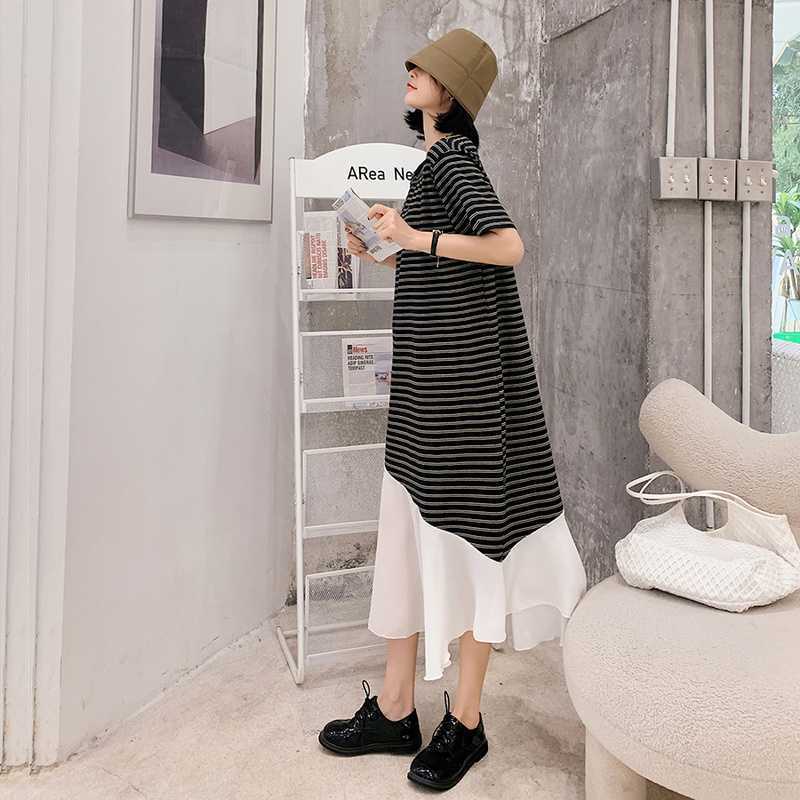 Spring and Summer Korean Striped Stitching Chiffon Short-sleeved Dress Irregular Casual Loose Comfortable Home Female 210615Z