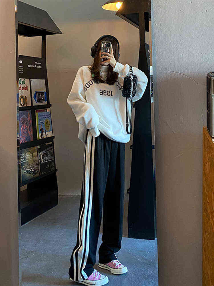 CX Winter Women Longer Sport Pants High Waist Loose Show Thin Casual Fashion Split Wide Leg Straight Comfort 211124