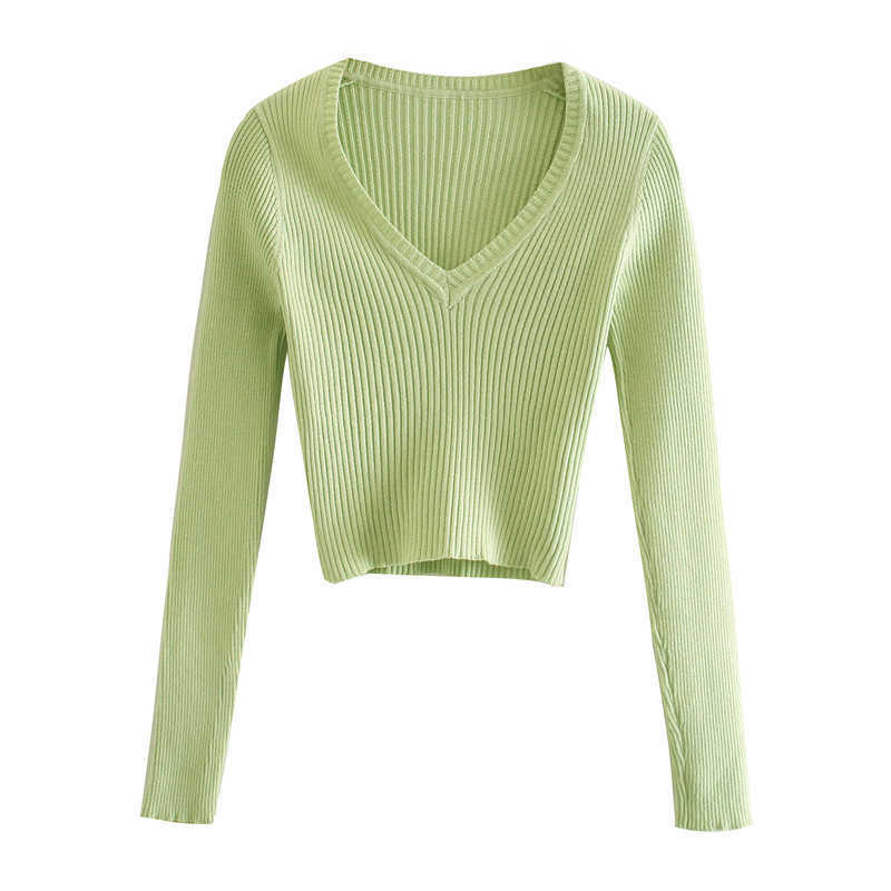Summer sweater women long sleeve crop sweater vintage v neck pullover korean green sweater knit solid pullover autumn 210918