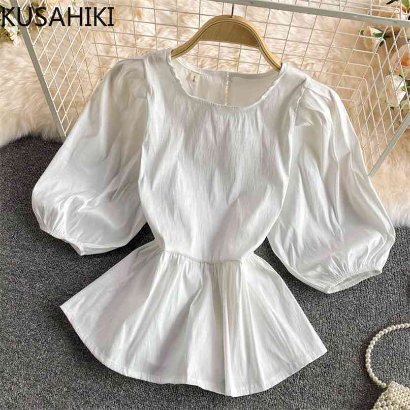 Sweet Slim Waist Ruffle Blouse Women Korean Puff Sleeve O-neck Shirt Summer Solid Blusas Mujer De Moda 6G994 210603