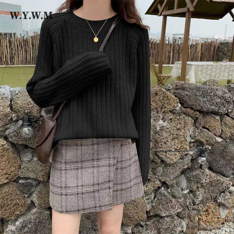WYWM Mid-length Knitted Fashion Sweater Women Autumn Loose Basic Vertical Stripes Pullovers Ladies Korean Bottoming Jumper 211011Z