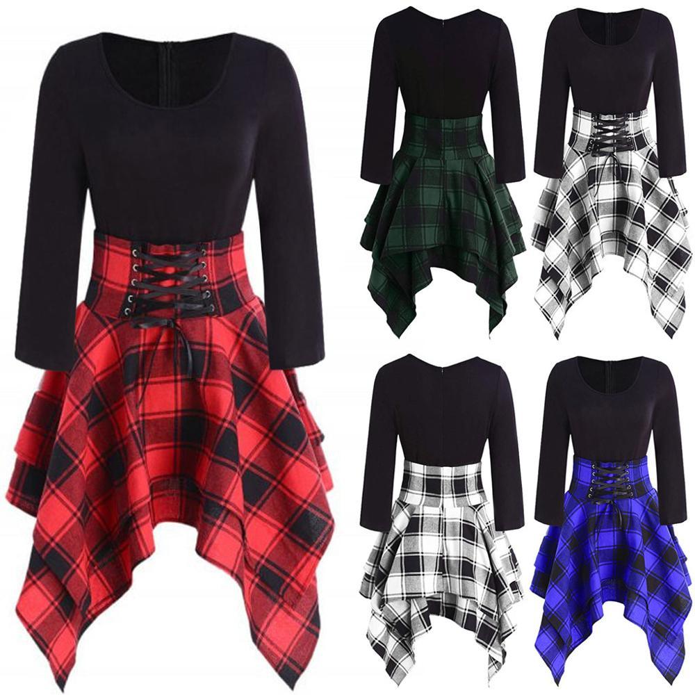 Gothic Plaid Mini Dress Women Preppy Sexy High Waist Asymmetric Casual Female Elegant Goth Punk Short Party Dresses Vestidos 210309