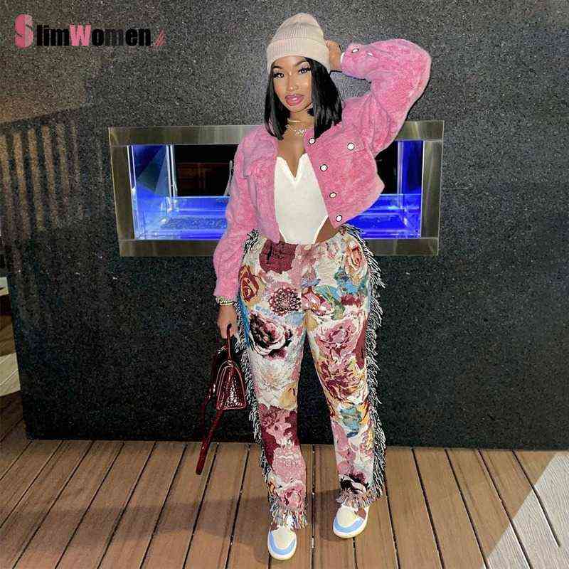 Vintage Side Tassels Patchwork Striped Print Jogger Pant Women Rave Festival Clothing Casual Streetwear Bodycon Sweat Pants 211124