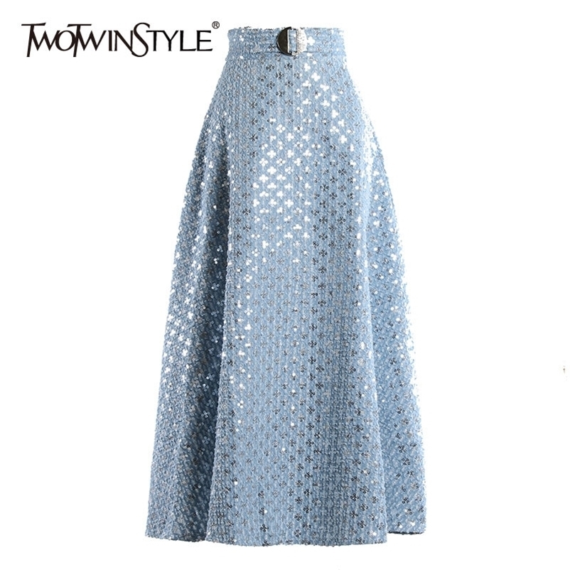 TWOTYLE Denim Patchwork Sequin Skirt For Women High Waist Casual A Line Skirts Female Fashion Clothing Spring 210621