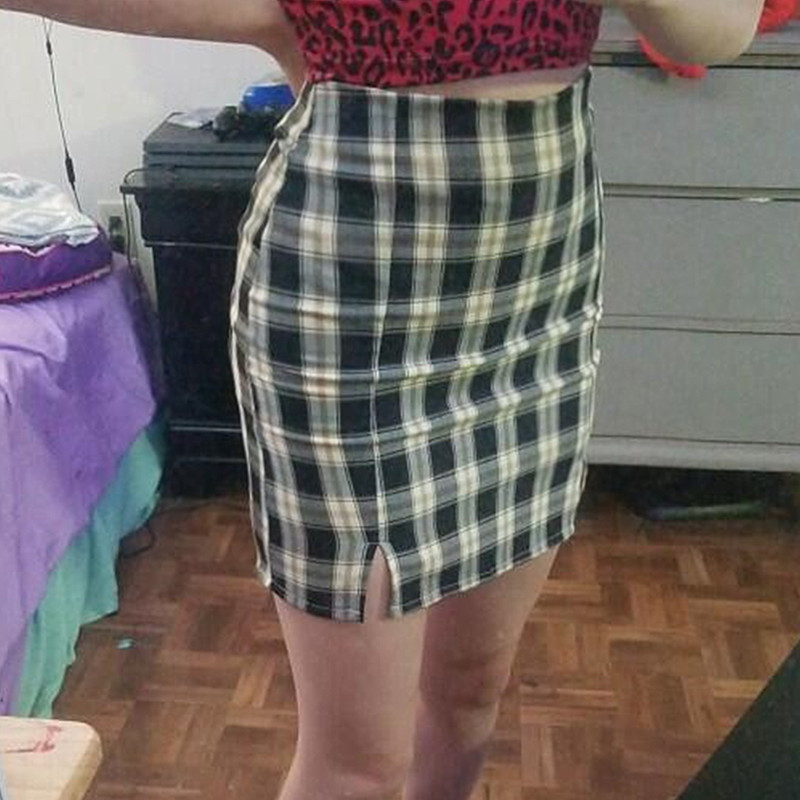 Korean Women Plaid Skirts Harajuku Womens Back Zipper Opening With Two Small Front Slits Mini Skirts Purple 210306