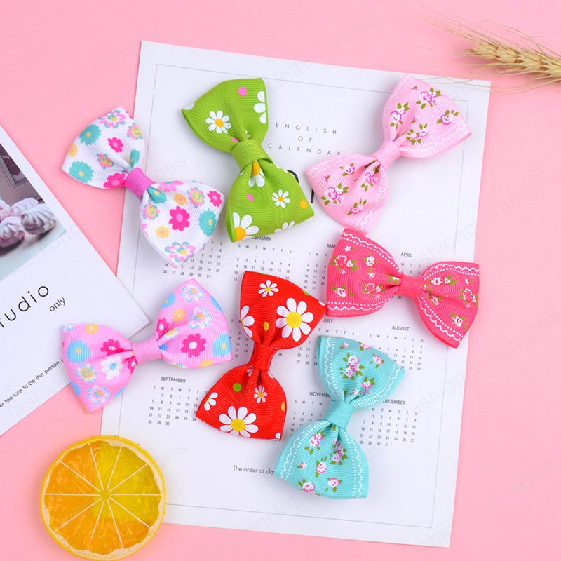 20 Color Printed Floral Hair Clip Bowkont Grosgrain Ribbon Hair Bows for Girl Kids Handmade Hairgrips Headwear Hair Accessories