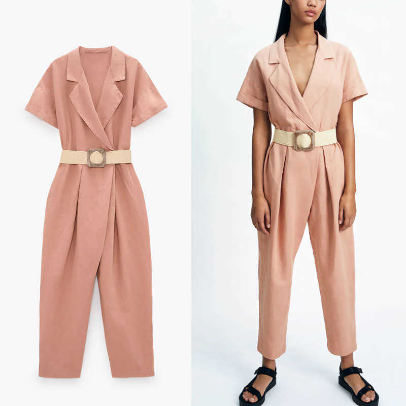 ZA Jumpsuit Women Linen Short Sleeve Belt Pink Playsuits Chic Side Pockets Snap Buttons Vintage Woman Summer Jumpsuits 210602
ZA Jumpsuit Women Linen Short Sleeve Belt Pink Playsuits Chic Side Pockets Snap Buttons Vintage Woman Summer Jumpsuits 210602