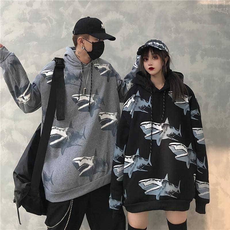 NiceMix Female winter new fashion ins shark print Harajuku loose casual plus velvet retro hip hop jacket jacket hoodie swea 201204