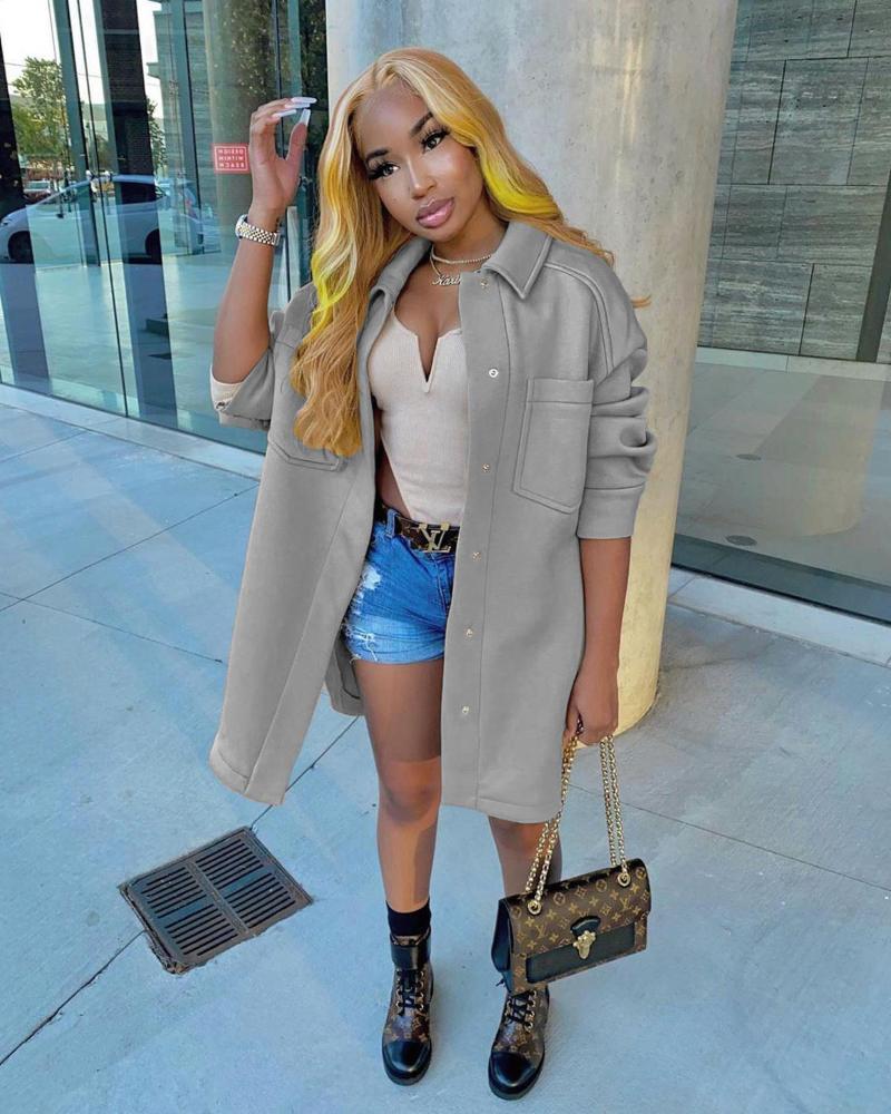 2021 Trendy Women Woolen Coat Turn Down Collar Single Breasted Pockets Long Sleeve Mid Length Trench Jacket Cardigans