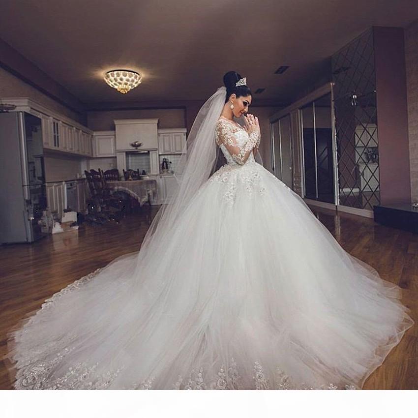 Gorgeous Long Sleeves Dresses Lace Applique Beaded Crystals Custom Made Sweep Train Tulle Wedding Bride Ball Gown Vestido De Novia