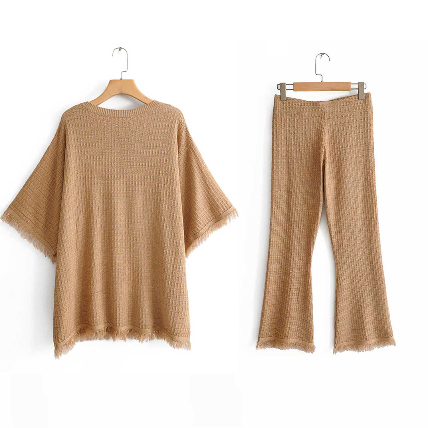 Autumn camel color knitted sweater women tops Za Style O neck half sleeve tassels rough edge Stylish Casual loose tops femme 210709, Pant 
Autumn camel color knitted sweater women tops Za Style O neck half sleeve tassels rough edge Stylish Casual loose tops femme 210709, Pant