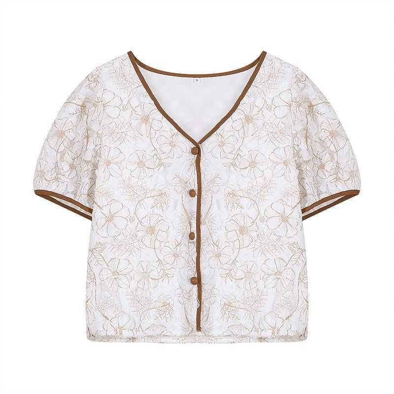 3D Floral French Style Crop Tops Female Elegant Temperament V-neck Cardigan Korean Sweet Fresh Cute All-match Blouses for Women 210525