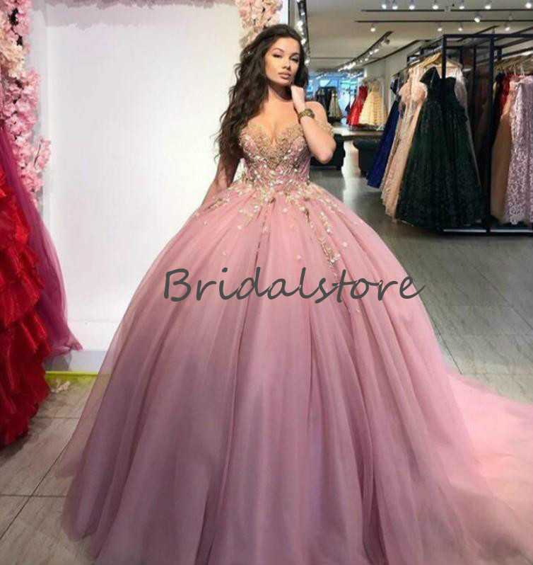 Princess Rose Pink Ball Gown Quinceanera Dresses 2021 Sexy Off The Shoulder Tulle Sweet 16 Dress Applique Beaded Prom Pageant Party Dress