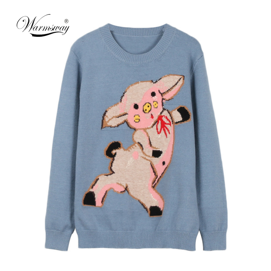 2021 New Runway Jacquard Knitted Pullover Blue Cute Pig Pattern Sweet Fashion Jumper C-075 210218