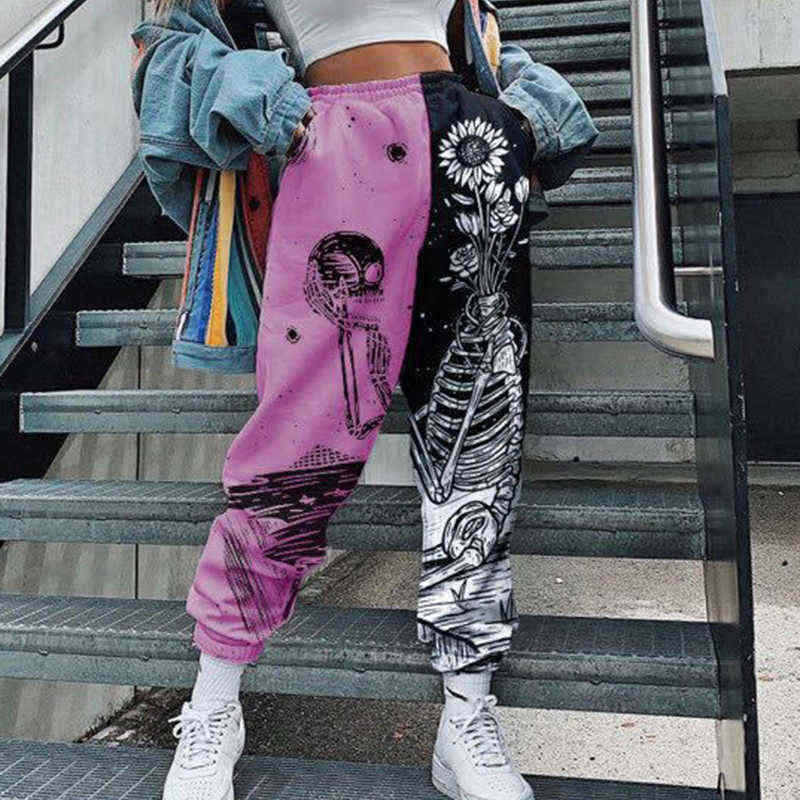 Women Casual Skull Print Patchwork Pants Autumn Elastic Waist Pocket Wide Leg Female Streetwear Plus Size Warm Sweatpants 211115