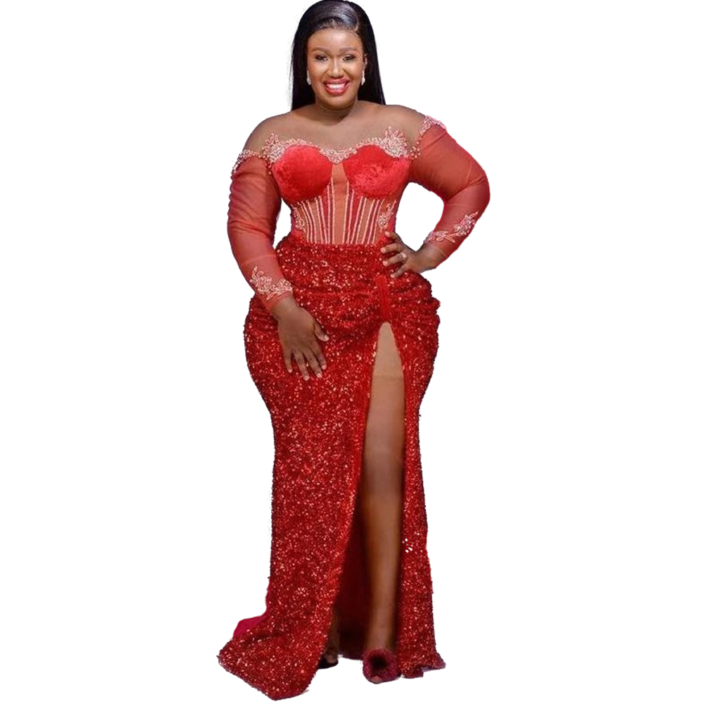 Aso Ebi African Red Mermaid Prom Dresses Sparkly Sequins Sweetheart Long Sleeve Formal Evening Gowns Side High Split Special Occasion Dress Lace Beade