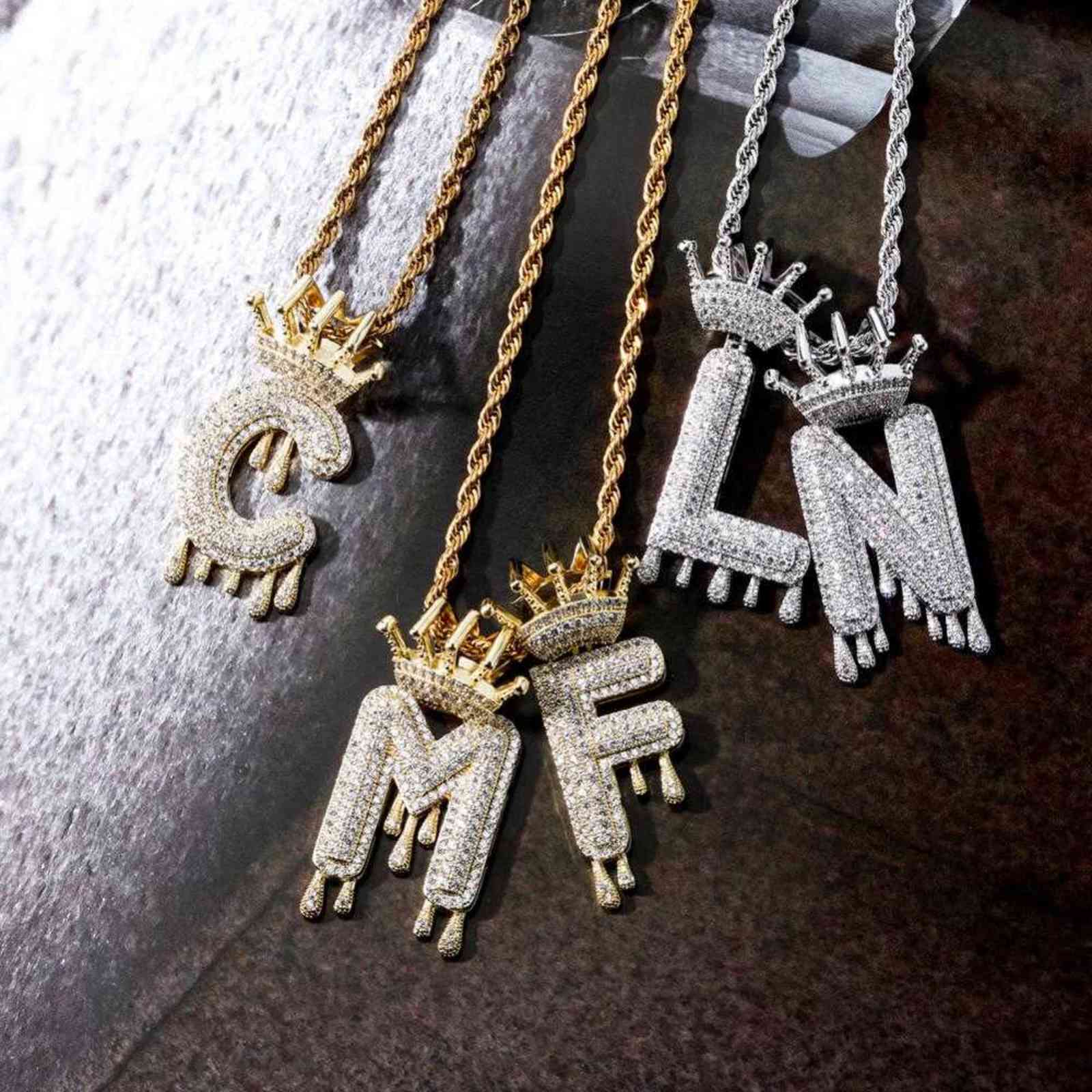 A-Z Initial Bubble Letter Name Crown Drip Letters Pendant Necklaces Men Women Gold Silver Color CZ Hip Hop Jewelry Gifts H1125