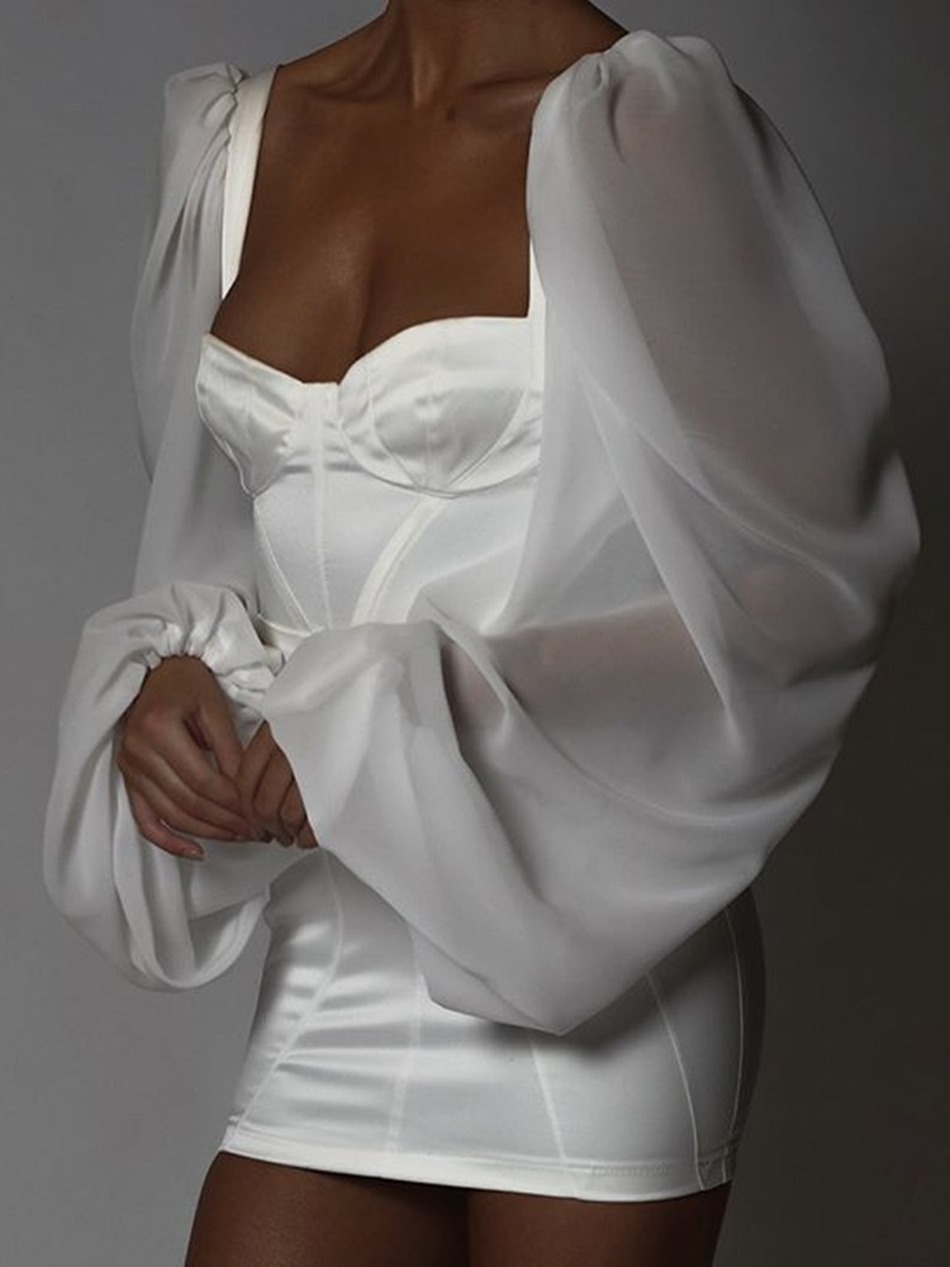 Chic White Mini Dress Puff Sleeves Sexy Backless Celebrity Party Club Satin 210525