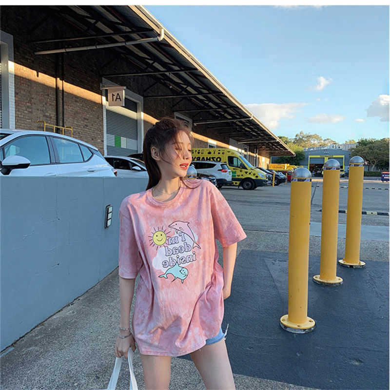 WOMENGAGA Cartoon print summer Korean short sleeve long T-shirt for female students lovely cute Kawaii korean tees 897J 210603