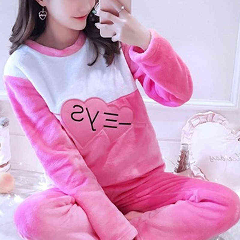 Autumn Winter Warm Flannel Women Pyjamas Set Thick Velvet Home Coral Long Sleeve Cartoon Sleepwear Flannel Pajama Nightwear 211109