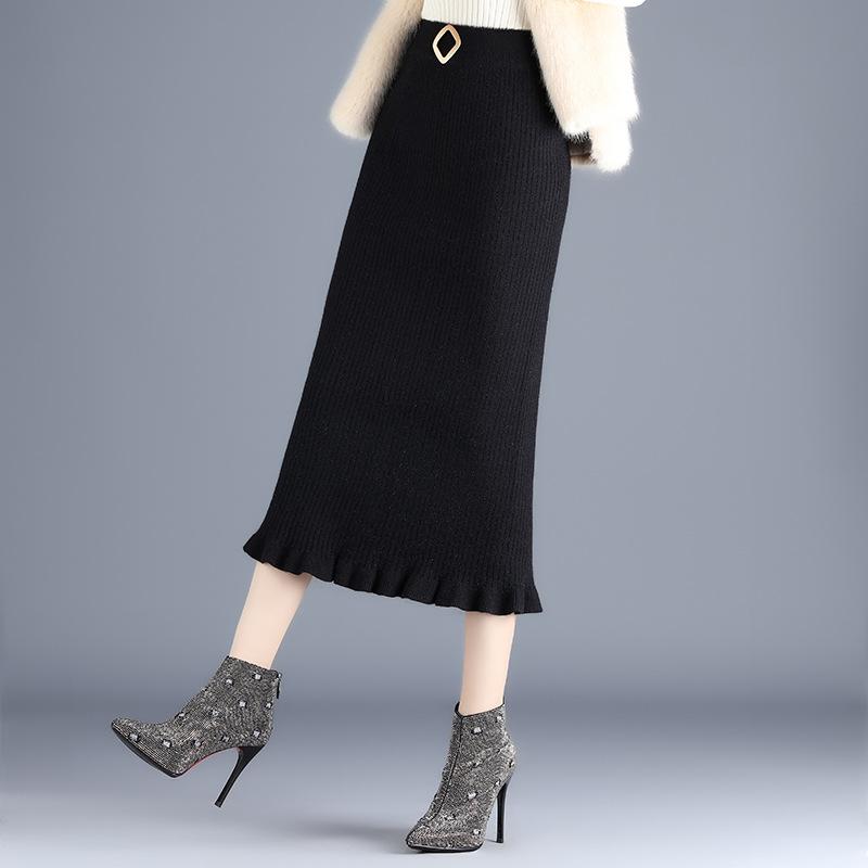 Skirts Autumn Winter Elastic High Waist Slim Black Two-sided Knitted Fishtail Skirt All-match Women Long