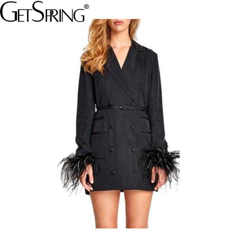 GETSPRING Women Blazer dress elegant Long Black Feather Coats Jacket suit double breasted Bandage outfit Spring autumn 210930