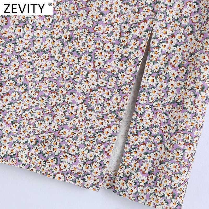 Zevity Women Vintage Floral Print Single Breasted Split Purple Skirt Faldas Mujer French Style Female Chic Party Vestidos QUN756 210621