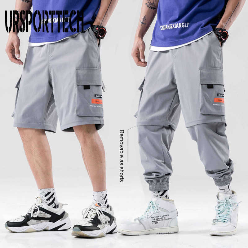 Korean Hip Hop Mens Jogger Pants Men Spring Casual Detachable Zip Short Pants Baggy Cargo Pants Men Streetwear 3 Colors 210528
