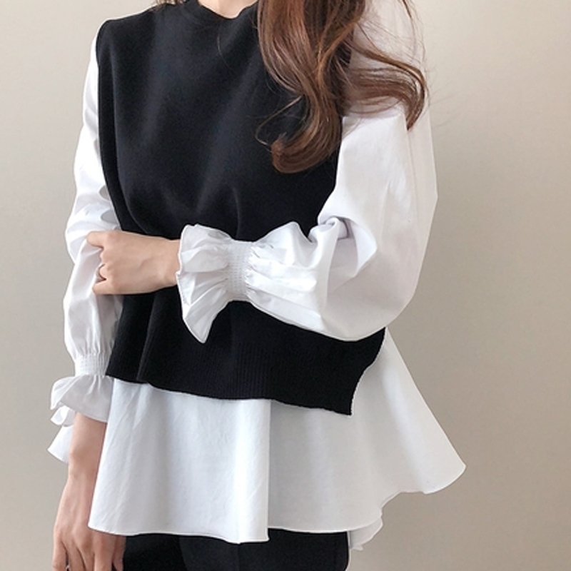 Spring Women Ruffled Long Sleeve Shirt+O Neck Pullover Sleeveless Vest Office Casual Knitted Vests Two Pieces Set T9D924M 210707