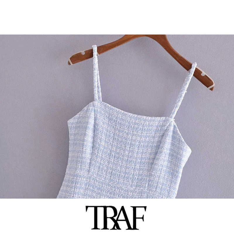 TRAF Women Chic Fashion Front Slit Hem Tweed Mini Dress Vintage Backless Zipper Thin Straps Female Dresses Vestidos 210630