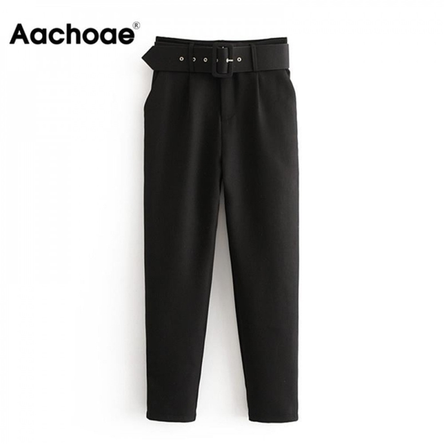 Aachoae Office Lady Black Suit Pants with Belt Women High Waist Solid Long Trousers Fashion Pockets Pants Trousers Pantalones 201113