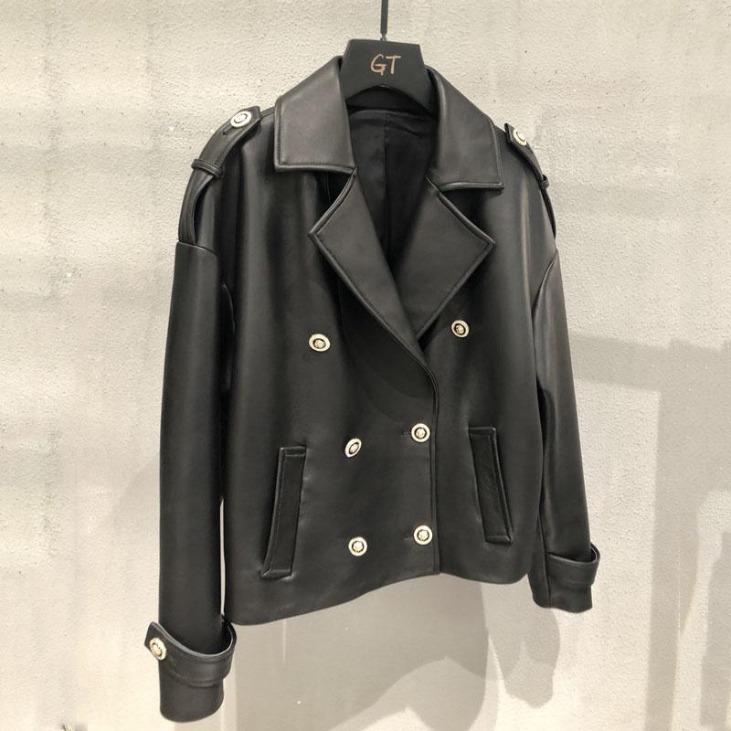 Women's Leather & Faux Coat Spring Short Length Luxury Real Sheepskin Jacket Double Breasted Drop-Shoulder Female Clothes High Quality, Black 
Women's Leather & Faux Coat Spring Short Length Luxury Real Sheepskin Jacket Double Breasted Drop-Shoulder Female Clothes High Quality, Black