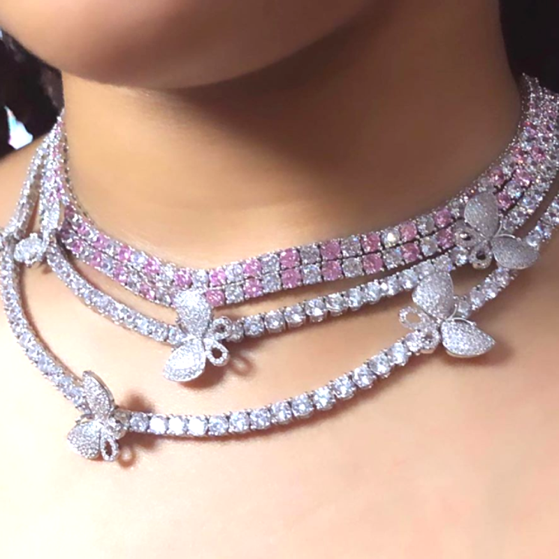 Iced Out Bling AAAA Zircon 5mm Tennis Chain Necklace Women Men Hip Hop Fashio Jewelry Gold Silver Color Pink CZ Choker Necklaces wholesale