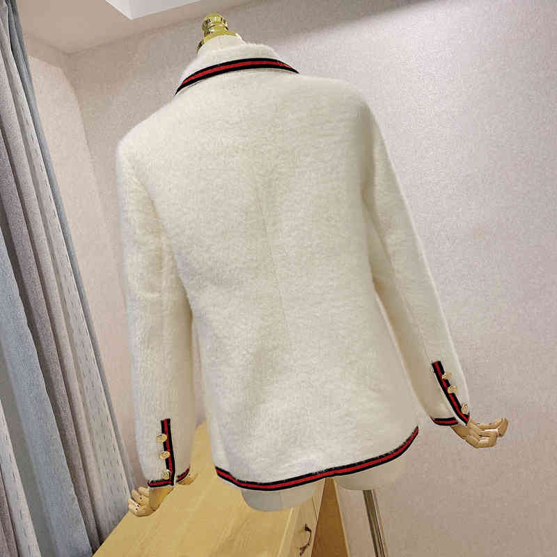 White Tweed Jacket Ladies Summer And Woolen Double-Breasted Button Long Sleeve Office 210525