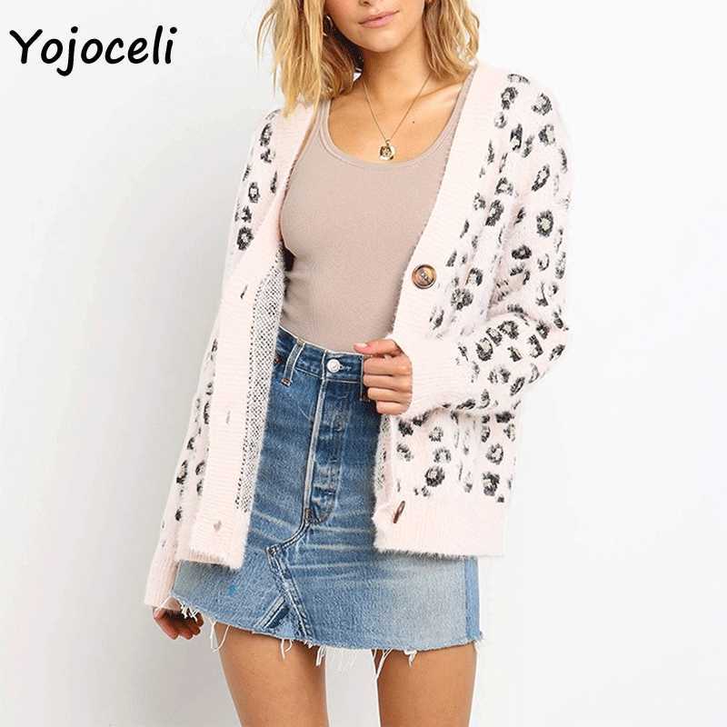 Yojoceli sexy leopard knitted cardigan coat v neck streetwear sweater 210609