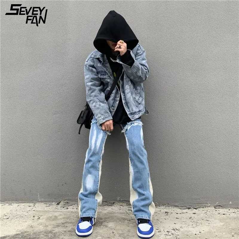 Men Vintage Blue Flared Jeans Color Block Patchwork Hi Street Caro Jean Pants Hip Hop Streetwear Oversize Baggy Denim Trousers 211011