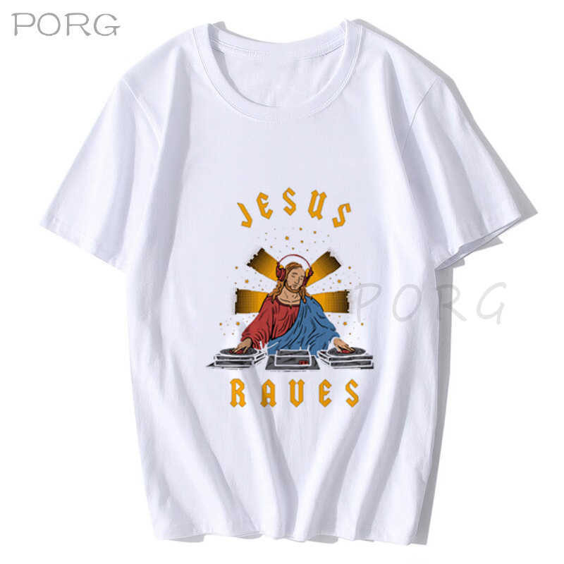 Jesus Raves Print Casual Mens T Shirts Fashion Harajuku Custom T-shirt Short Sleeve Tshirt Punk Oversized 's 210629