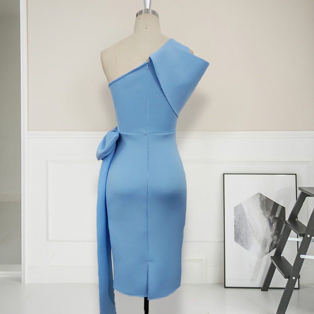 Women Bodycon Dresses One Shoulder with Bowtie Waist Belt Light Blue Dress Elegant Slim Vestido African Event Celebrate Occasion 210309