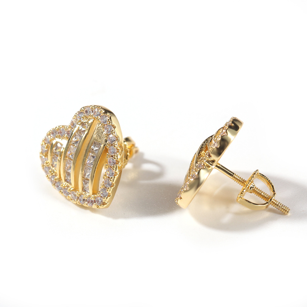 Hip Hop Heart Shape Stud Earring Bling 18K Real Gold Plated Prevent Allergy Earrings for Men Women Gift