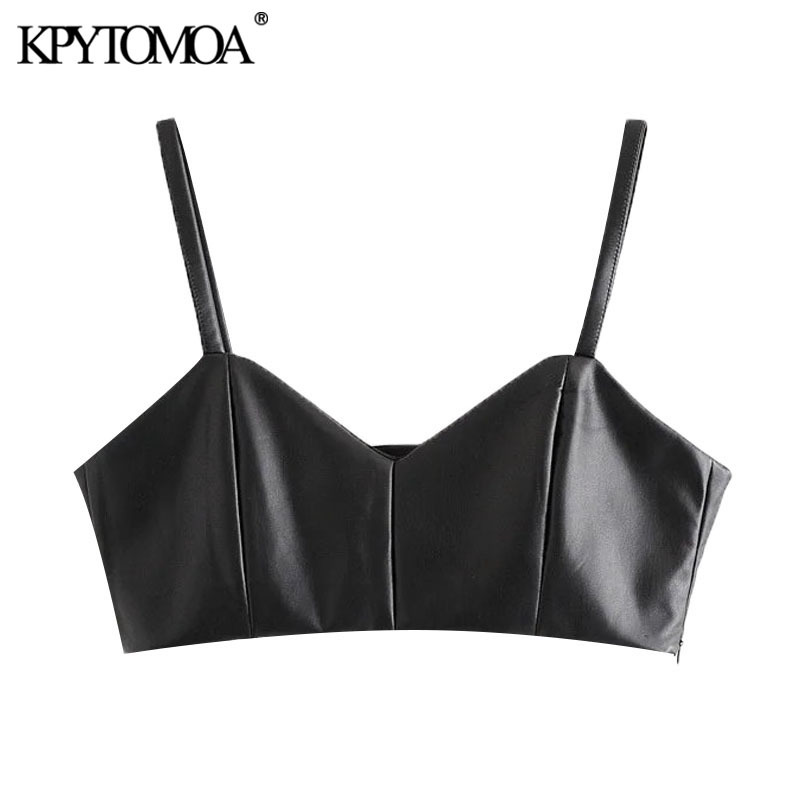 KPYTOMOA Women Sexy Fashion Faux Leather Cropped Tank Top Vintage Backless Side Zipper Thin Straps Female Camis Chic Tops 210308