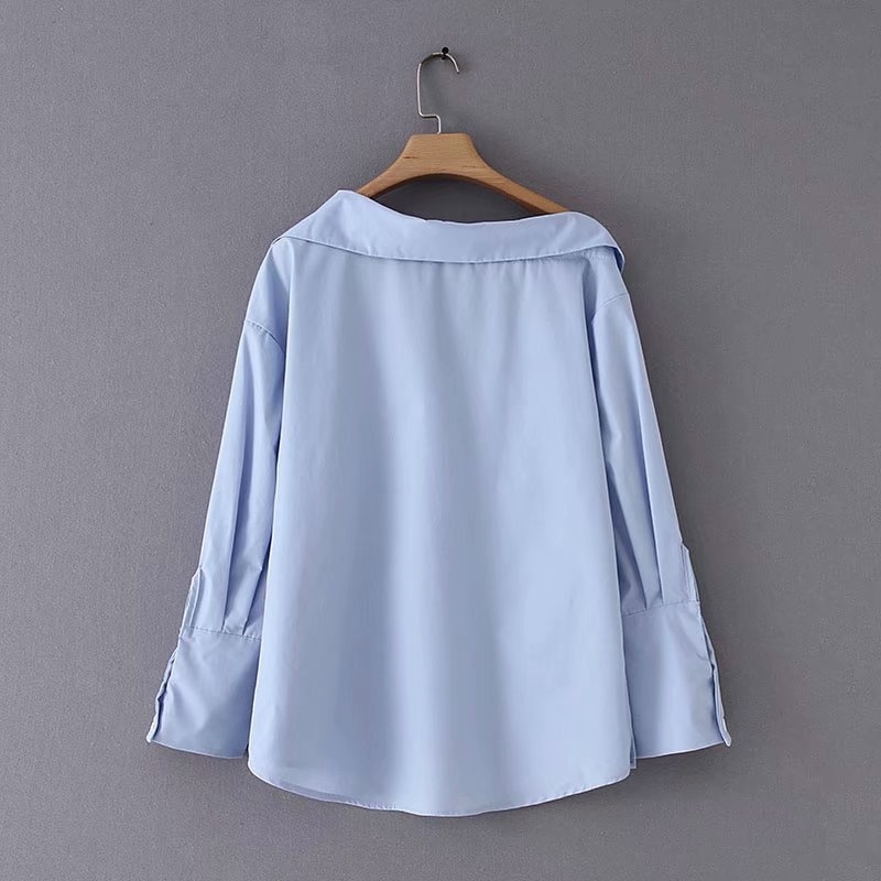 Est Women Stylish Solid Blue Irregular Skew Collar Blouse Long Sleeve Buttons Decorate Shirts Elegant Female Tops 210308