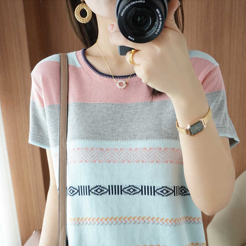 Short Sleeve Women Pullover Ladies Summer The Ice Silk O-Neck Striped Knitted Tshirts Feminine Sexy Fashion Sweaters 210918