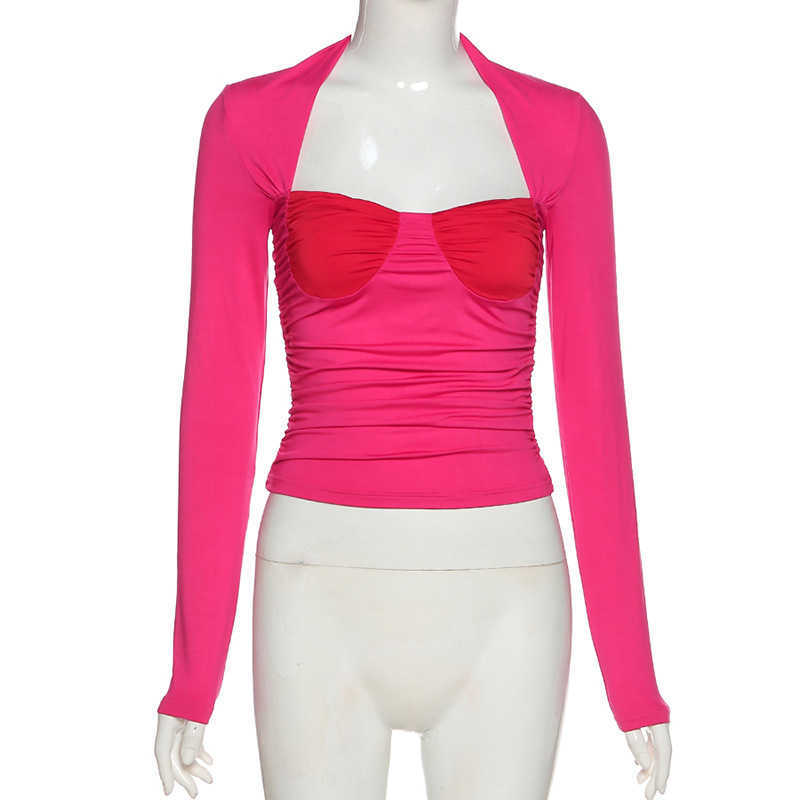 Colysmo Corset Blouse Long Sleeve Square Neck Fashion Color Blocking Ruffle Patchwork Pullover Top Casual Women Blouses 210527