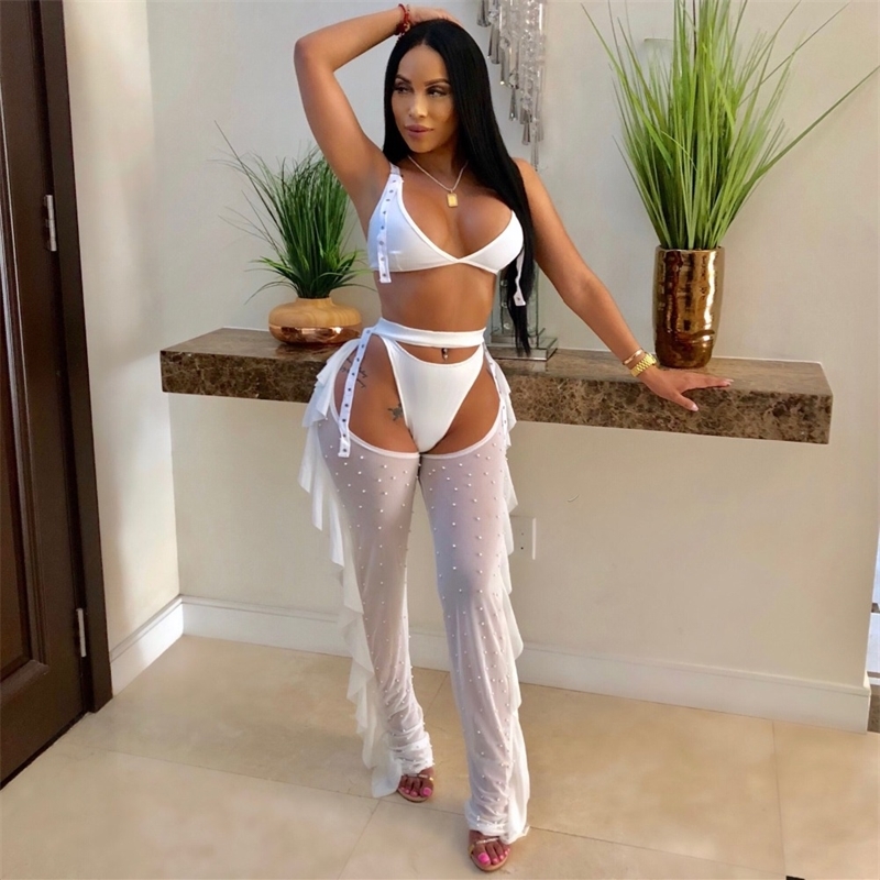 Echoine Crop Tops and Ruffle Pants 2 Pieces Set Women Sexy Club Bodycon Suit Backless See Through Sheer Mesh Outfit Matching Set