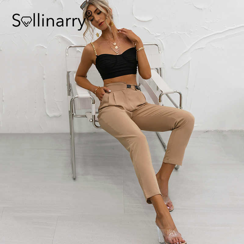 Sollinarry Asymmetric belt trousers Casual High Waist Khaki Pants Women Summer Brown Ladies Office Trousers Pocket Female Pants 210709